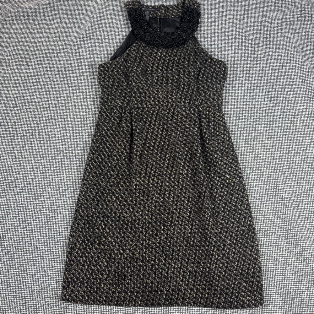 INC International Concepts Beaded Mock Neck Tweed Sheath Dress Black Gold Size 6